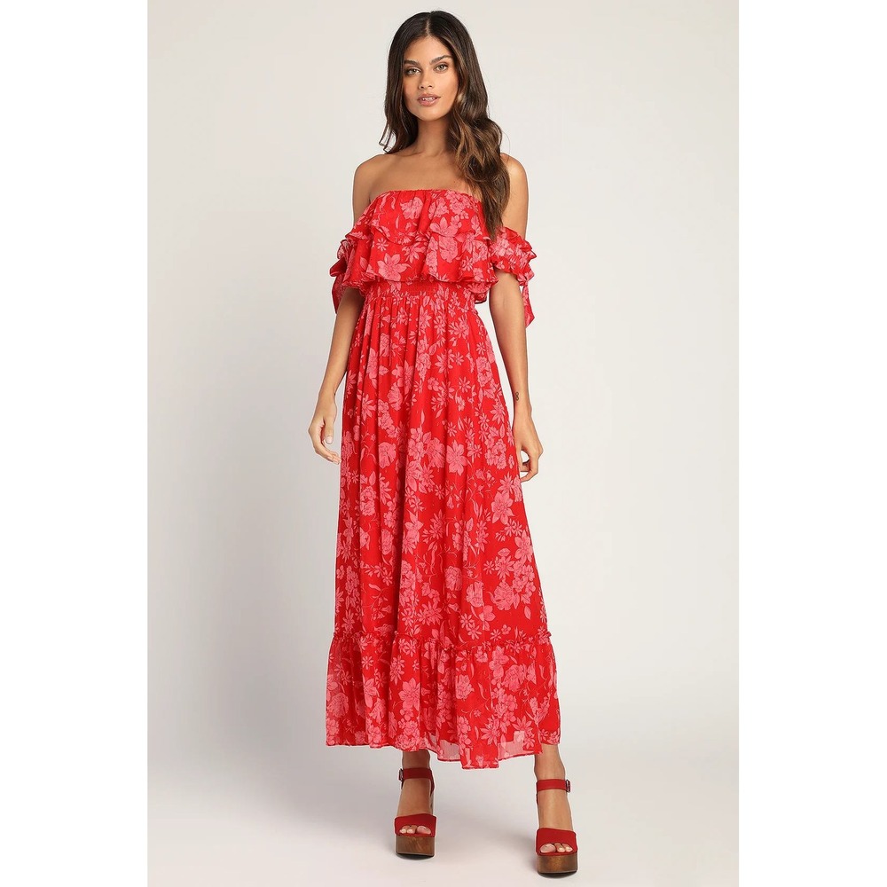 Lulus Love and Blooms Red Floral Print Off-the-Shoulder Dress